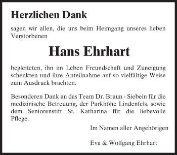 Traueranzeige von Hans Ehrhart von Trauerportal Echo Online