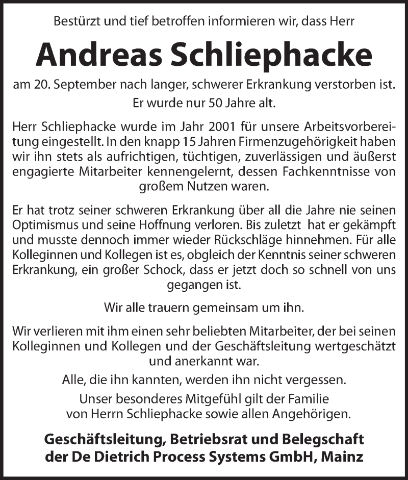  Traueranzeige für Andreas Schliephacke vom 24.09.2016 aus Trauerportal Rhein Main Presse