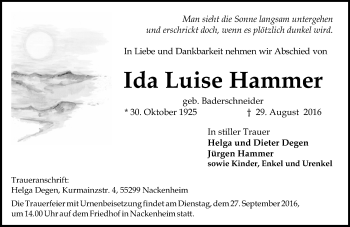 Traueranzeige von Ida Luise Hammer von Trauerportal Rhein Main Presse