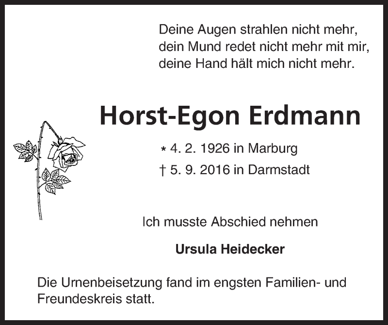  Traueranzeige für Horst-Egon Erdmann vom 24.09.2016 aus Trauerportal Echo Online
