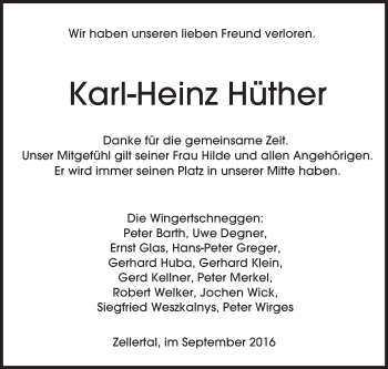 Traueranzeige von Karl-Heinz Hüther von Trauerportal Rhein Main Presse