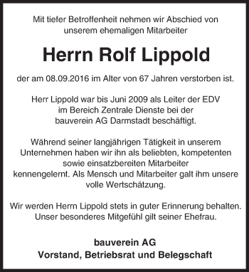 Traueranzeige von Rolf Lippold von Trauerportal Echo Online