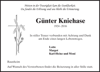 Traueranzeige von Günter Kniehase von Trauerportal Rhein Main Presse