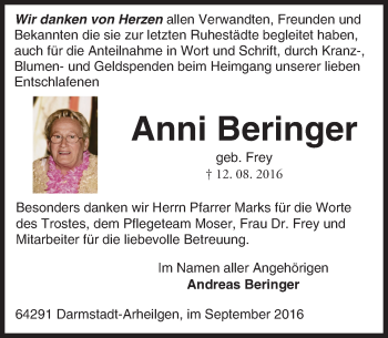 Traueranzeige von Anni Beringer von Trauerportal Echo Online