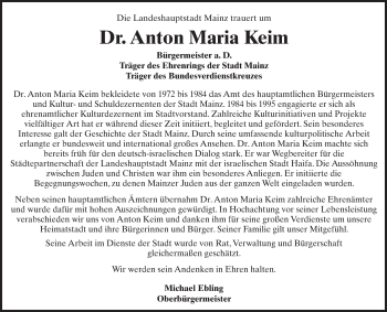 Traueranzeige von Anton Maria Keim von Trauerportal Rhein Main Presse
