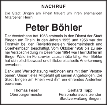 Traueranzeige von Peter Böhler von Trauerportal Rhein Main Presse