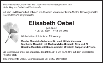 Traueranzeige von Elisabeth Oebel von Trauerportal Echo Online