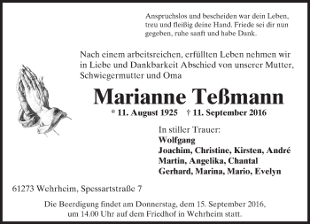 Traueranzeige von Marianne Teßmann von  Usinger Anzeiger