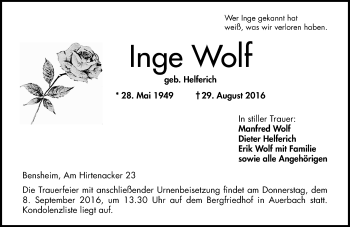 Traueranzeige von Inge Wolf von Trauerportal Rhein Main Presse