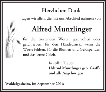 Traueranzeige von Alfred Munzlinger von Trauerportal Rhein Main Presse
