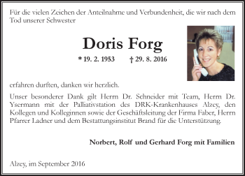 Traueranzeige von Doris Forg von Trauerportal Rhein Main Presse