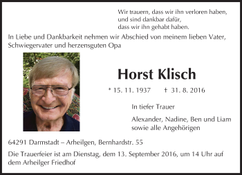 Traueranzeige von Horst Klisch von Trauerportal Echo Online
