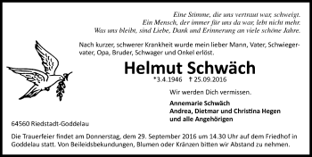 Traueranzeige von Helmut Schwäch von Trauerportal Echo Online