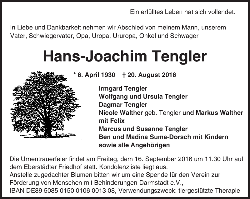  Traueranzeige für Hans-Joachim Tengler vom 10.09.2016 aus Trauerportal Echo Online