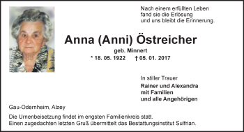 Traueranzeige von Anna Östreicher von Trauerportal Rhein Main Presse