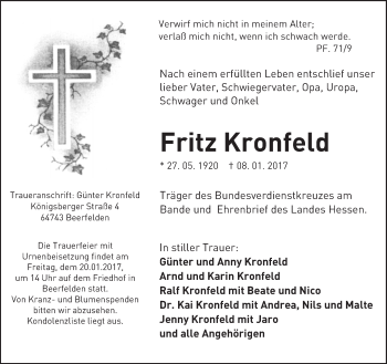Traueranzeige von Fritz Kronfeld von Trauerportal Echo Online