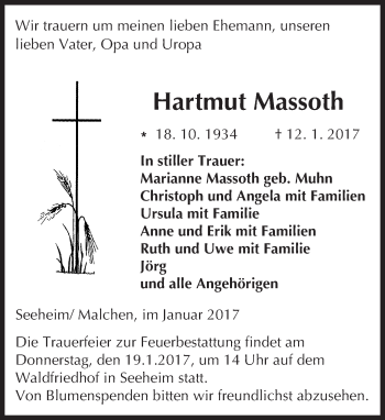 Traueranzeige von Hartmut Massoth von Trauerportal Echo Online