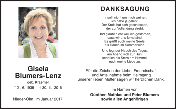 Traueranzeige von Gisela Blumers-Lenz von Trauerportal Rhein Main Presse