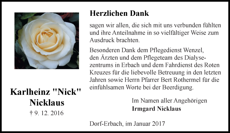  Traueranzeige für Karlheinz Nicklaus vom 07.01.2017 aus Trauerportal Echo Online