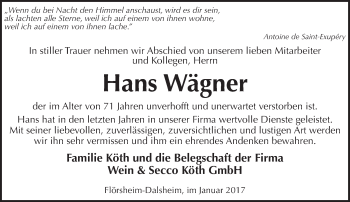 Traueranzeige von Hans Wägner von Trauerportal Rhein Main Presse