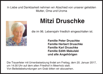 Traueranzeige von Mitzi Druschke von  Gelnhäuser Tageblatt