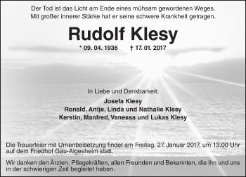 Traueranzeige von Rudolf Klesy von Trauerportal Rhein Main Presse