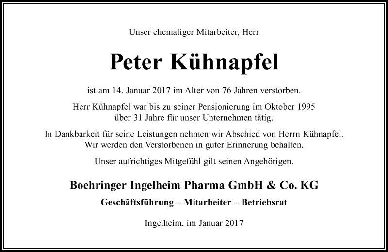  Traueranzeige für Peter Kühnapfel vom 28.01.2017 aus Trauerportal Rhein Main Presse