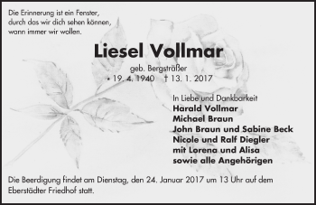 Traueranzeige von Liesel Vollmar von Trauerportal Echo Online