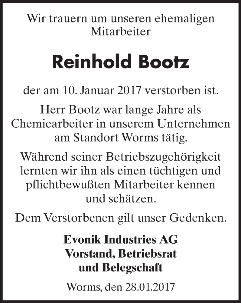  Traueranzeige für Reinhold Bootz vom 28.01.2017 aus Trauerportal Rhein Main Presse