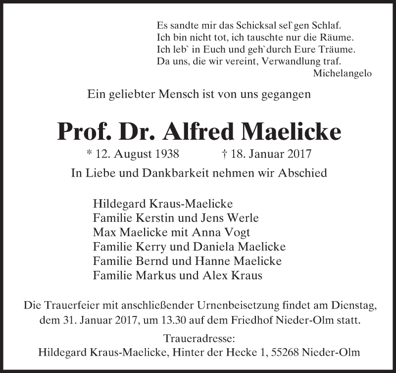  Traueranzeige für Alfred Maelicke vom 27.01.2017 aus Trauerportal Rhein Main Presse