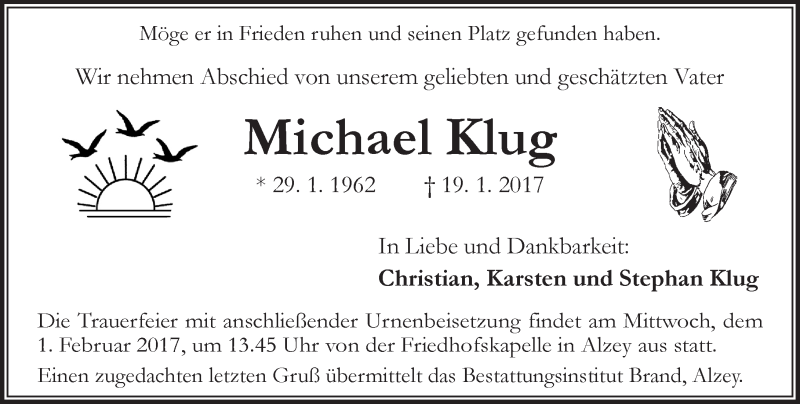  Traueranzeige für Michael Klug vom 28.01.2017 aus Trauerportal Rhein Main Presse