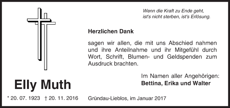  Traueranzeige für Elly Muth vom 14.01.2017 aus  Gelnhäuser Tageblatt