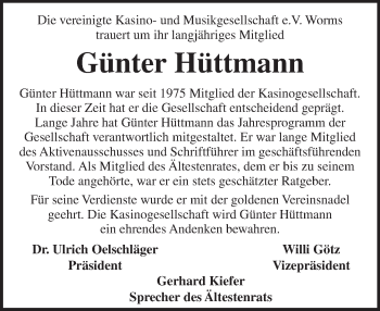 Traueranzeige von Günther Hüttmann von Trauerportal Rhein Main Presse