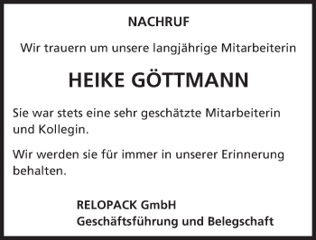 Traueranzeige von Heike Göttmann von Trauerportal Echo Online