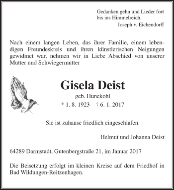 Traueranzeige von Gisela Deist von  Gießener Anzeiger