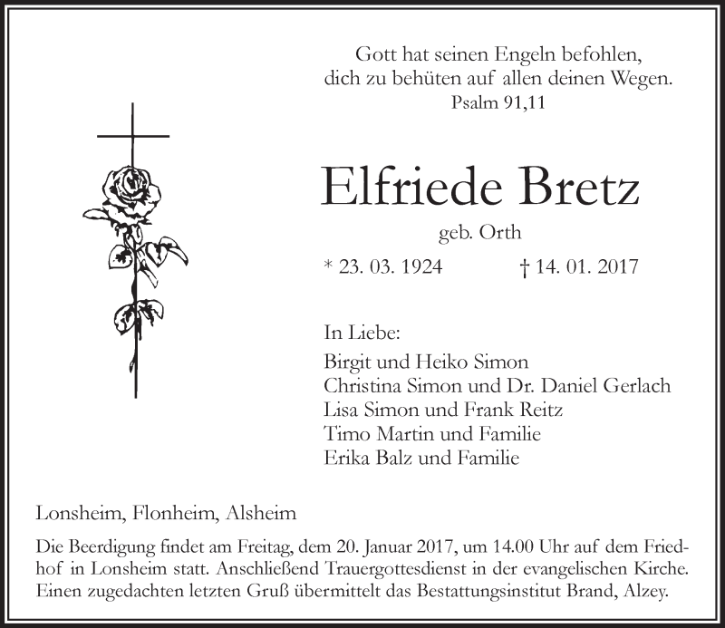  Traueranzeige für Elfriede Bretz vom 17.01.2017 aus Trauerportal Rhein Main Presse