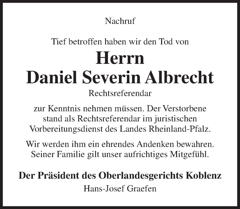  Traueranzeige für Daniel Severin Albrecht vom 27.01.2017 aus Trauerportal Rhein Main Presse