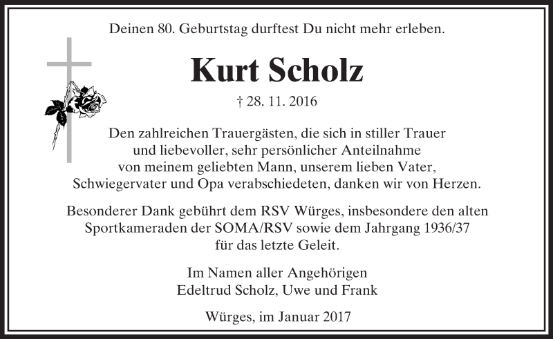  Traueranzeige für Kurt Scholz vom 19.01.2017 aus  Camberger Anzeiger