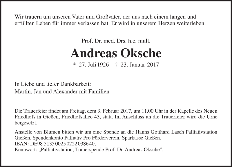  Traueranzeige für Andreas Oksche vom 28.01.2017 aus  Gießener Anzeiger