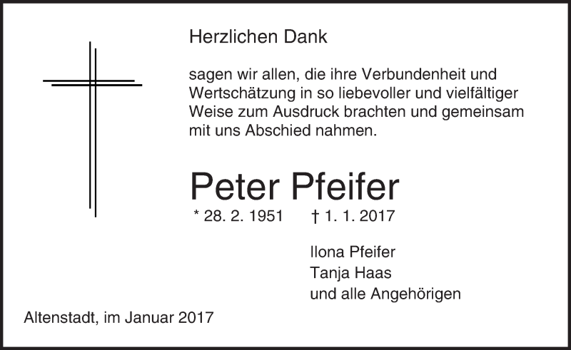  Traueranzeige für Peter Pfeifer vom 21.01.2017 aus  Kreisanzeiger