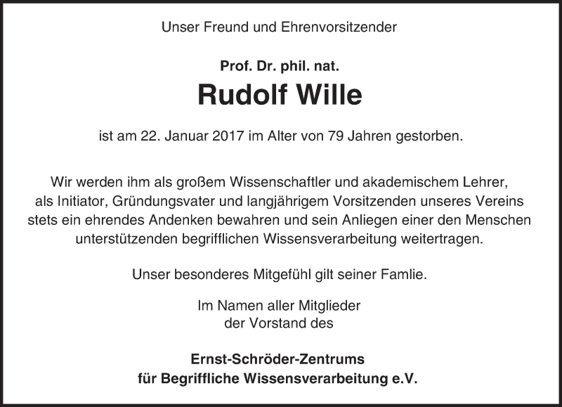  Traueranzeige für Rudolf Wille vom 27.01.2017 aus Trauerportal Echo Online