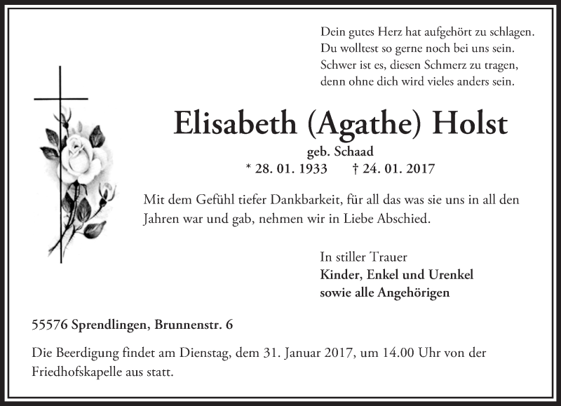  Traueranzeige für Elisabeth  Holst vom 27.01.2017 aus Trauerportal Rhein Main Presse