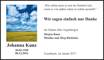 Traueranzeige von Johanna Kunz von Trauerportal Rhein Main Presse