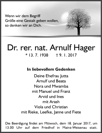 Traueranzeige von Arnulf Hager von Trauerportal Rhein Main Presse