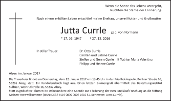 Traueranzeige von Jutta Currle von Trauerportal Rhein Main Presse