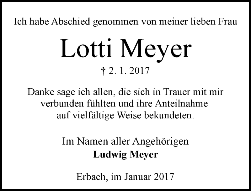  Traueranzeige für Lotti Meyer vom 28.01.2017 aus Trauerportal Echo Online