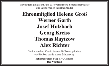 Traueranzeige von Schützenverein 1422 e. V. Usingen trauert um von  Usinger Anzeiger