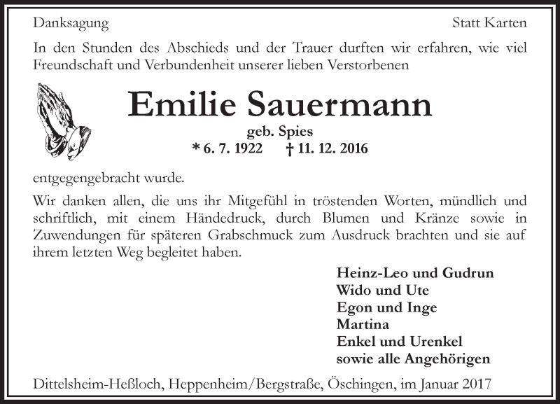  Traueranzeige für Emilie Sauermann vom 07.01.2017 aus Trauerportal Rhein Main Presse