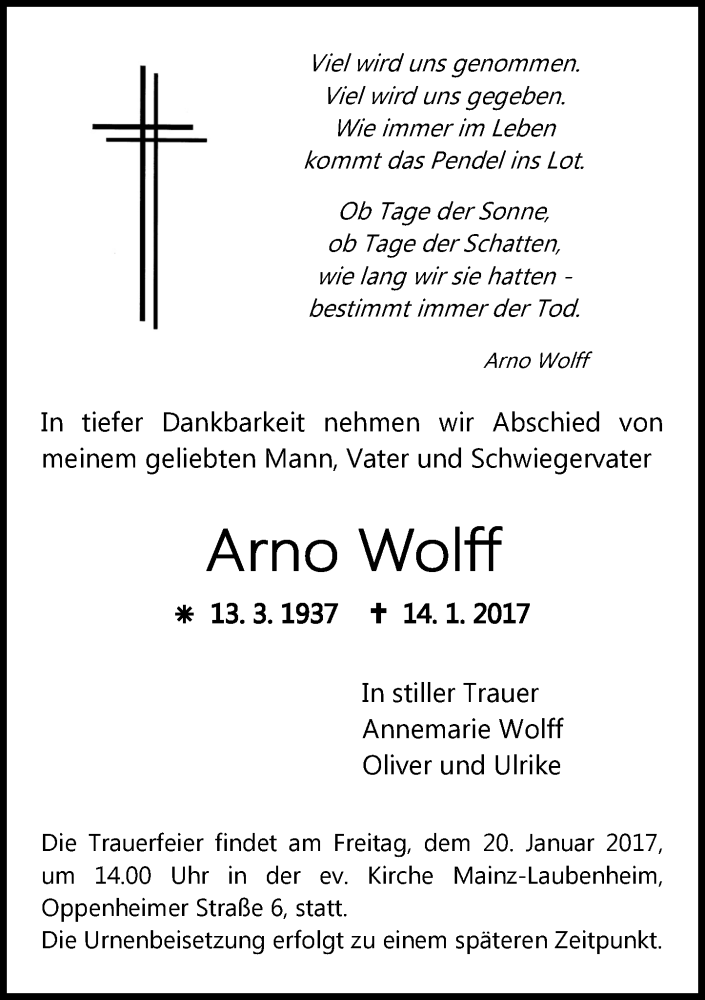  Traueranzeige für Arno Wolff vom 18.01.2017 aus Trauerportal Rhein Main Presse