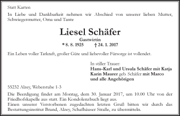 Traueranzeige von Liesel Schäfer von Trauerportal Rhein Main Presse
